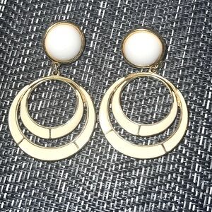 Vintage 80’s Daria Cream  Enamel & Gold Pierced Earrings  2” drop